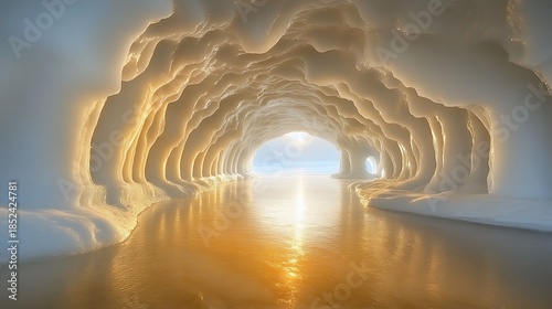 Ethereal ice cave illuminated by golden light reflecting in frozen waters