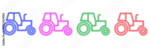A set of four colorful neon tractor icons for agriculture and farming, representing rural vehicles and machinery with a bright glowing outline.