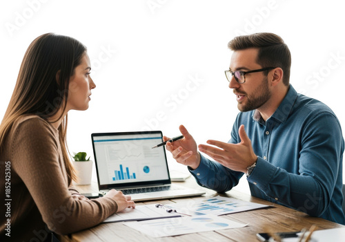 Two business people discussing a chart on a laptop isolated on transparent background