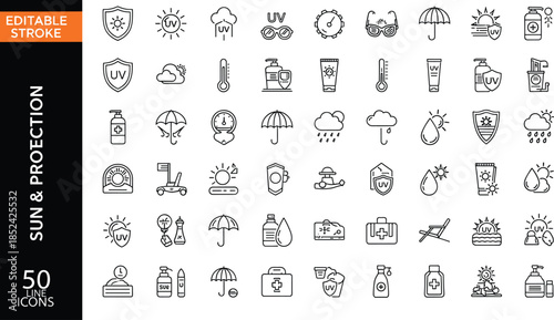 Vector collection of sun protection line icons with editable stroke including uv shield, sunscreen, and umbrella symbols for summer safety design.