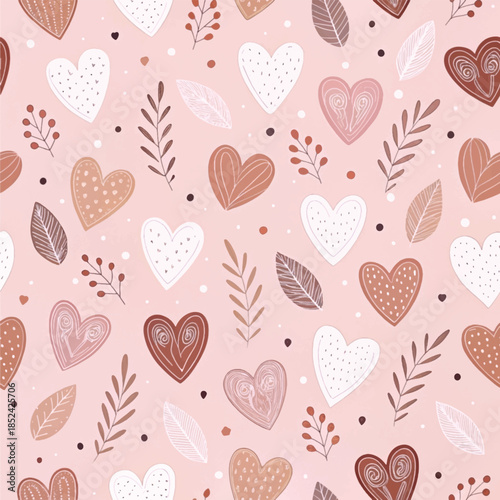 Romantic Hand-Drawn Hearts and Leaves Seamless Pattern