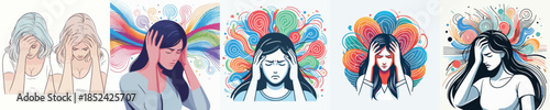 VECTOR WOMAN HAVING A HEADACHE WHITE BACKGROUND