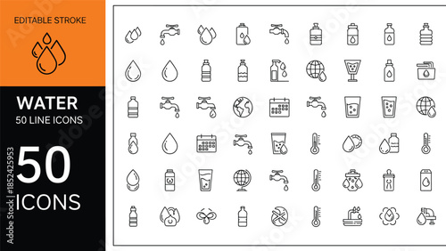 Vector collection of water line icons with editable stroke including drop, bottle, tap, and drink symbols for nature design.