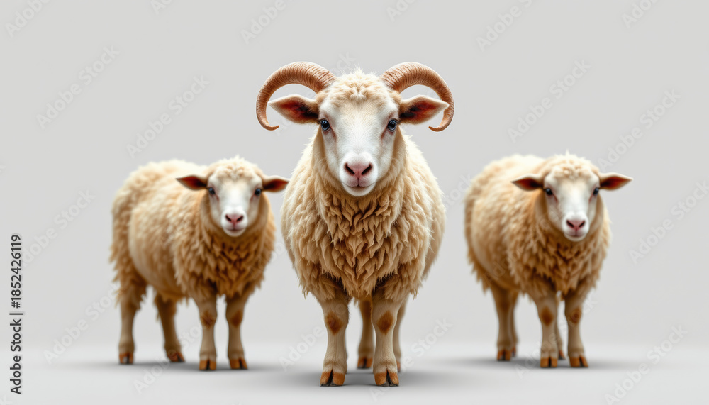 Obraz premium Sheep with curly wool and curved horns standing on plain background, showing calm and gentle expression in natural pose