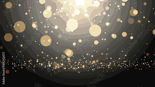 Abstract golden bokeh light background with glowing sparkle particles and star dust isolated on black for luxury holiday design.