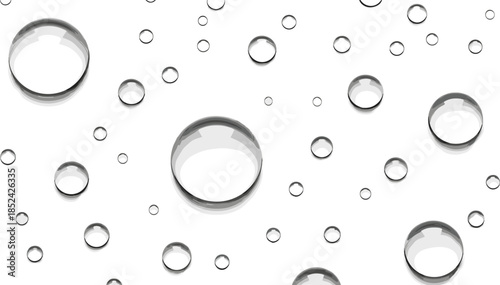 Realistic transparent water drops vector background isolated on white including clean liquid rain droplets for fresh nature condensation design.