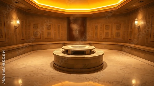 unanimity. Traditional Turkish bath interior with marble floor and central heated stone emitting steam. real-estate listings.