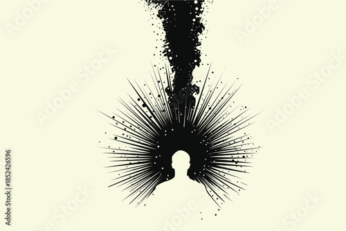 Silhouette of man with exploding ink splash and radial rays from head, abstract vector illustration symbolizing overthinking, anxiety, burnout, chaos, mental health and stressed mind.