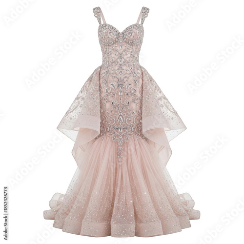 Exquisite embellished ball gown with detachable skirt, isolated on transparent background