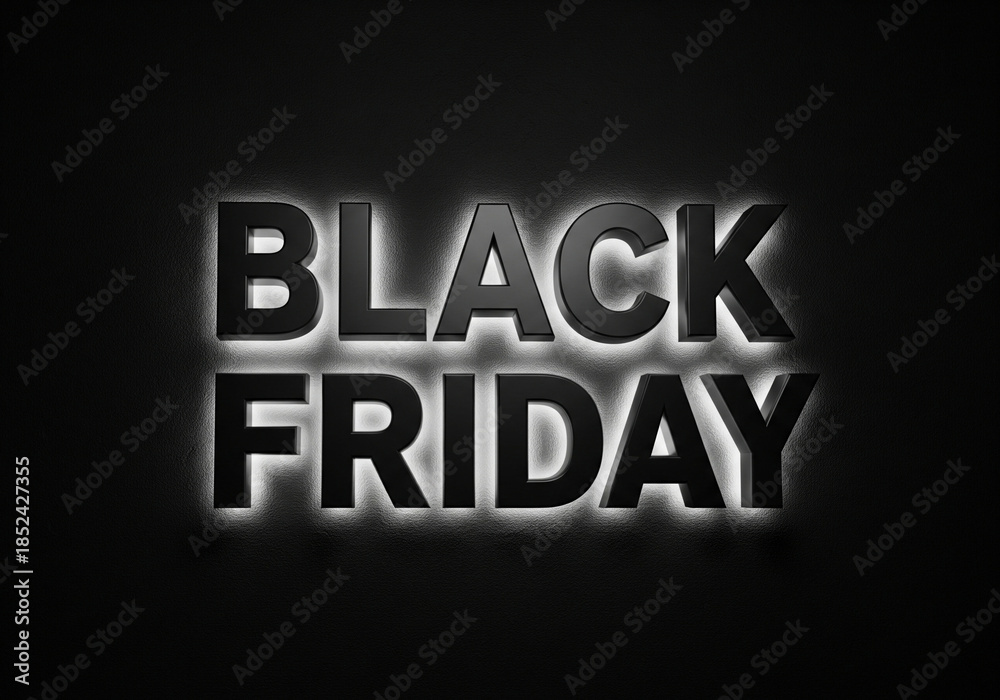 Obraz premium Matte black 3D text Black Friday emerging from wall with rim lighting.