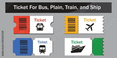 Vintage bus ticket, plane ticket, and train ticket icon set with barcode design, retro style, colorful editable vector travel pass. Travel tickets for transport with barcode