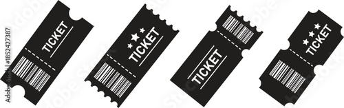 Admit one ticket icon set. Vintage and modern event ticket designs with stars and borders. Entry coupon template for cinema, party, or concert