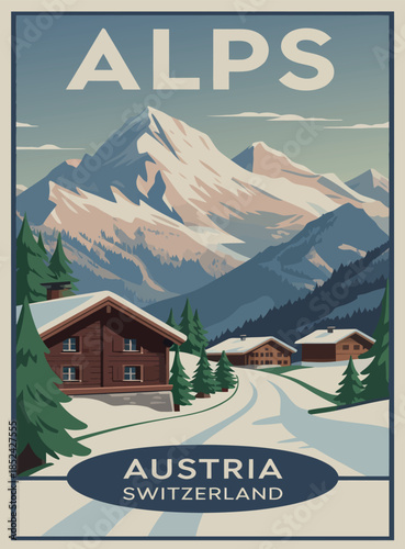 Alps Travel Retro Poster, Vintage Banner, Mountain Village of Austria and Switzerland