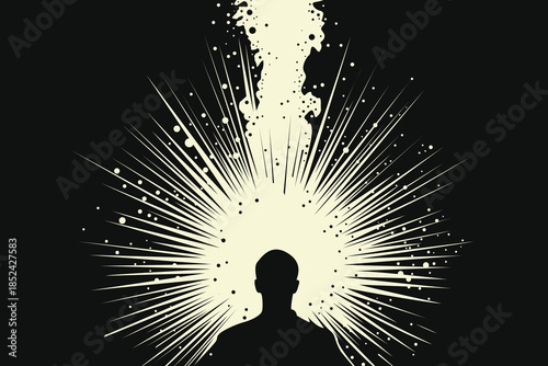 Silhouette of man with bright exploding light and ink splash from head, abstract vector illustration symbolizing inspiration, spiritual awakening, enlightenment and powerful creative mind.