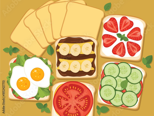 A colorful flat-lay illustration showcases a variety of breakfast toasts topped with fried eggs, strawberries, chocolate spread with bananas, and sliced cucumbers arranged on a mustard background