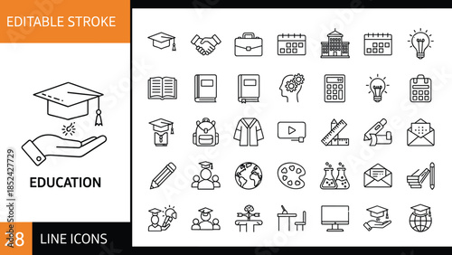 Vector collection of education line icons with editable stroke including school, university, learning, book, and graduation symbols for academic design.