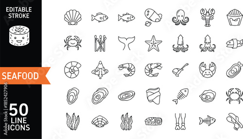 Vector collection of seafood line icons with editable stroke including fish, crab, lobster, and shrimp symbols for restaurant menu design.