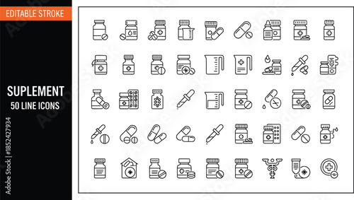 Vector collection of dietary supplement line icons with editable stroke including vitamin bottles, pills, and medicine containers for healthcare design.