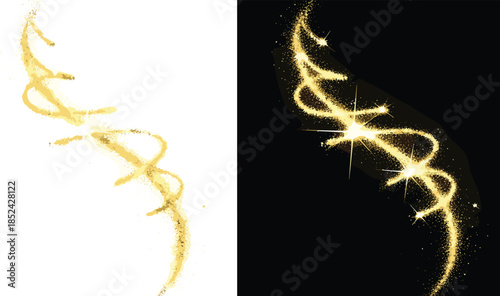 Abstract golden glowing light swirl with magic sparkles and star dust effect isolated on transparent background for creative overlay.