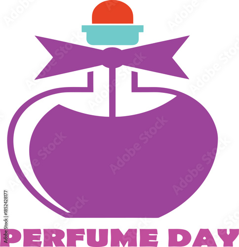 Perfume day stylized icon with purple bottle and bow