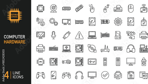 Set of computer hardware line icons with editable stroke including monitor, cpu, mouse, and keyboard symbols for technology design.