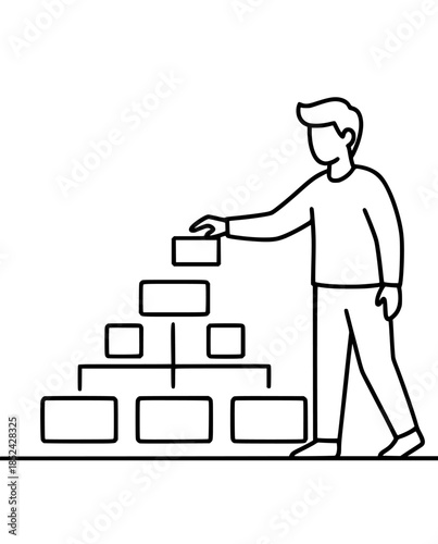 Line art illustration of a person placing a block on a hierarchical organizational chart showing growth and structure
