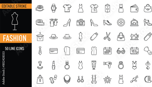 Vector collection of fashion line icons with editable stroke including clothing, accessories, shoes, and beauty symbols for retail design.
