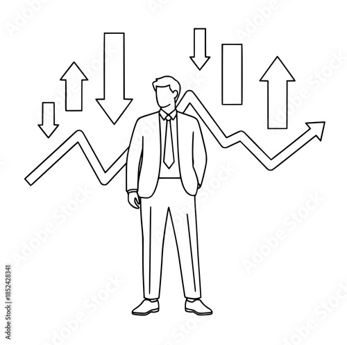 Businessman standing confidently amidst fluctuating stock market graph with upward and downward arrows symbolizing financial growth and decline illustration