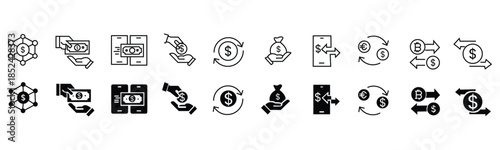 Money transfer icon set. Currency exchange and payment symbol. Vector illustration.