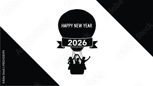 Joyful celebration in hot air balloon welcomes the year 2026 with toasts and happy new year wishes