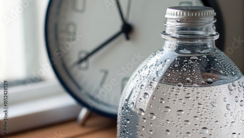 Intermittent Fasting Success Concept. Clear water bottle with condensation beside minimal clock, creating refreshing atmosphere