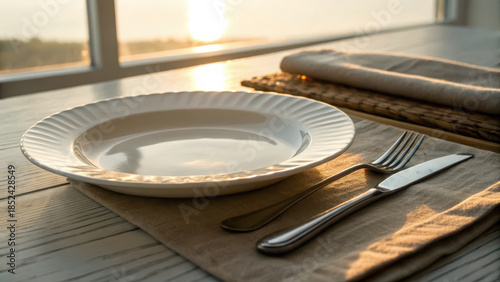 Intermittent Fasting Success Concept. serene morning light illuminates empty plate and cutlery, creating calm atmosphere