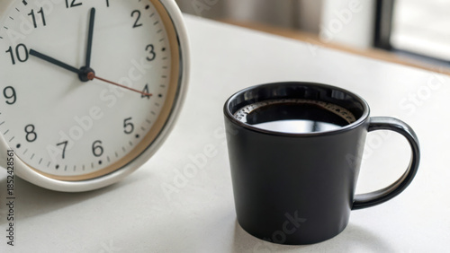 Intermittent Fasting Success Concept. modern analog clock and black coffee cup create serene morning scene, perfect for relaxation