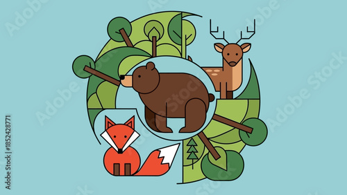 Abstract forest wildlife illustration featuring bear fox and deer in geometric style