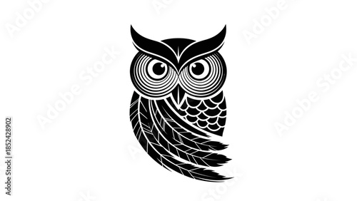 Striking black and white owl vector illustration with intricate feather details and stylized eyes