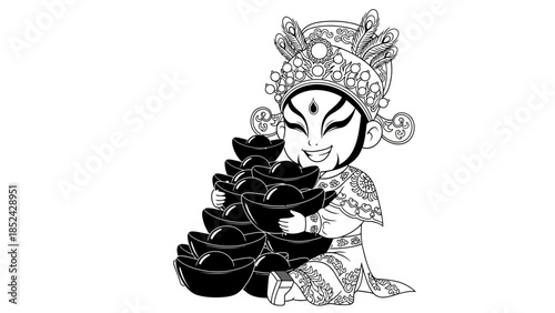 Illustrative god of prosperity character with treasure, traditional design in cartoon style