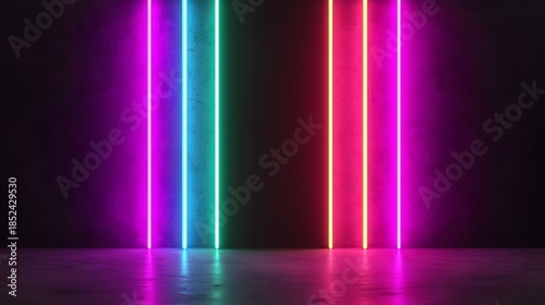 Vibrant neon lights create stunning backdrop with colorful vertical beams illuminating dark