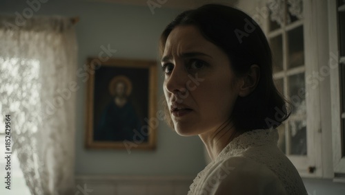 Worried woman in period costume looking over shoulder in historical interior, vintage drama scene with concerned expression, cinematic storytelling moment
