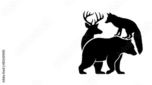 Striking silhouette of bear, deer and fox creating nature and wildlife concept