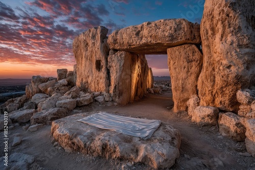 A tranquil landscape showing the tomb entrance in silhouette