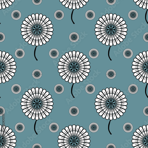 Floral Pattern on Teal Background: An exquisite repeat pattern featuring stylized white flowers on elegant teal, evokes a sense of tranquility. The design radiates a delicate and refined aesthetic.