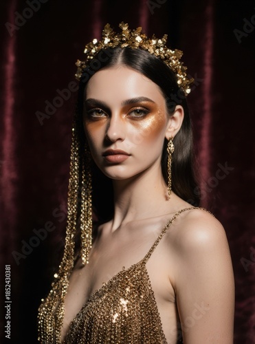 Portrait of a glamorous woman wearing an ornate golden crown and chainmail top against a dark red velvet curtain, symbolizing luxury and mythology.
