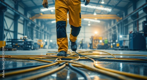 Worker in yellow uniform walks across wet factory floor. Cables scattered creating tripping hazard. Unsafe conditions exist. Industrial workplace shows maintenance issues