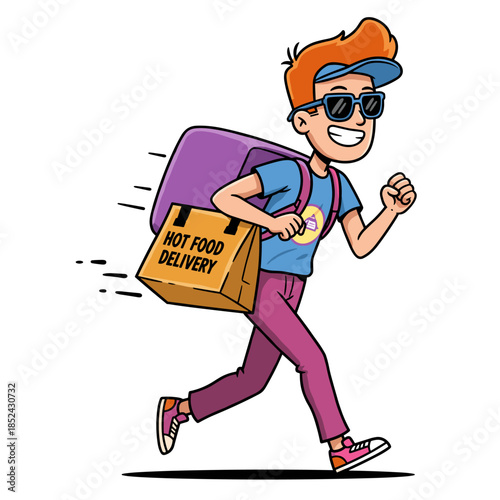 Cartoon worker man holding a gun and a mobile phone wearing a builder cap and smiling