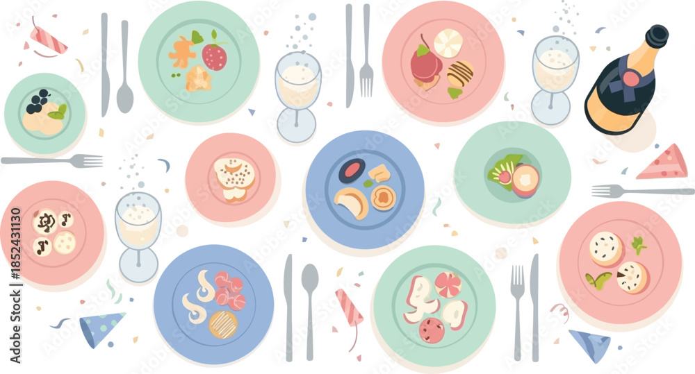 Fototapeta premium Colorful Pastel Dining Table Setting with Plates and Utensils.