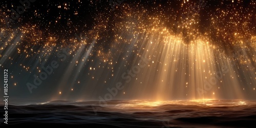 A wide shot of ethereal golden rays diffusing