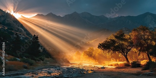 A wide shot of ethereal golden rays diffusing