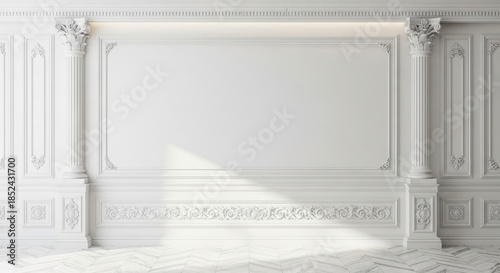 Ornate white wall with decorative molding. Classic architectural design. Interior view. Detailed bas-reliefs. Vintage style. Beautiful wall texture. Antique style