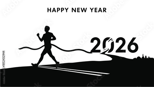 Athlete crosses finish line towards new year goal, celebrating achievement and fresh start.