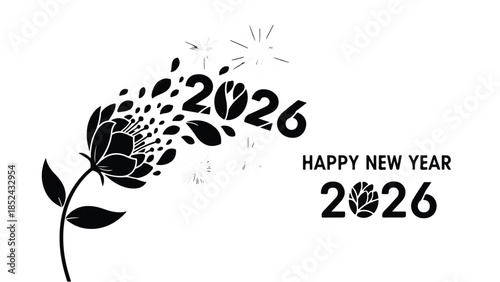 Elegant black and white illustration of a flower blooming into the year 2026, celebrating new beginnings.